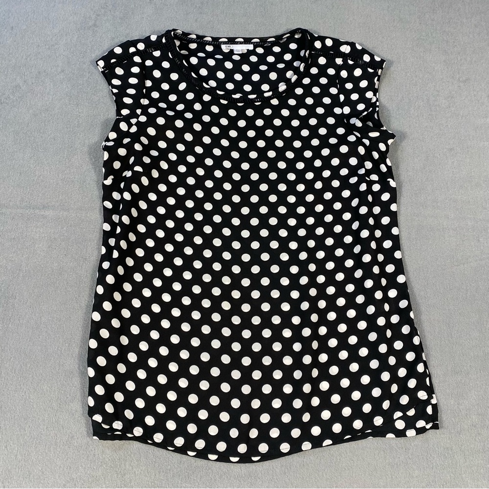 DR2 Daniel Rain Petite Women’s Black w/White Polka Dot Blouse, Cap Sleeves, XSP